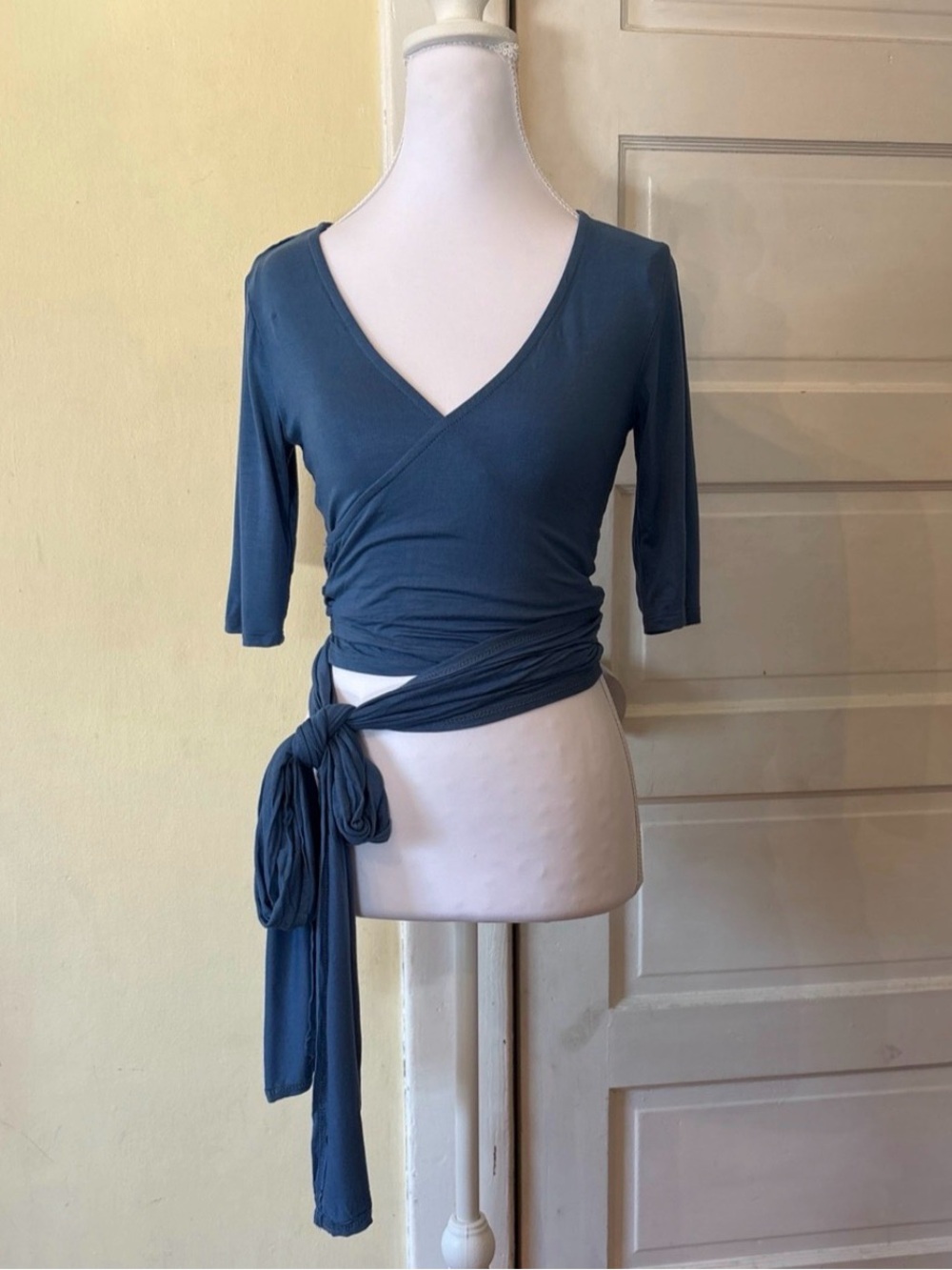 Grace Karin Wrap-Front V-Neck Top in Slate Blue